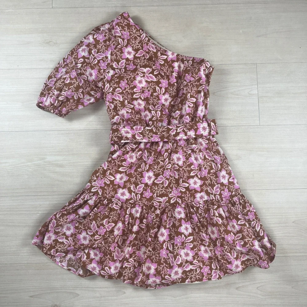 Jason Wu Floral One Shoulder Mini Dress Brown Pink Sz XS